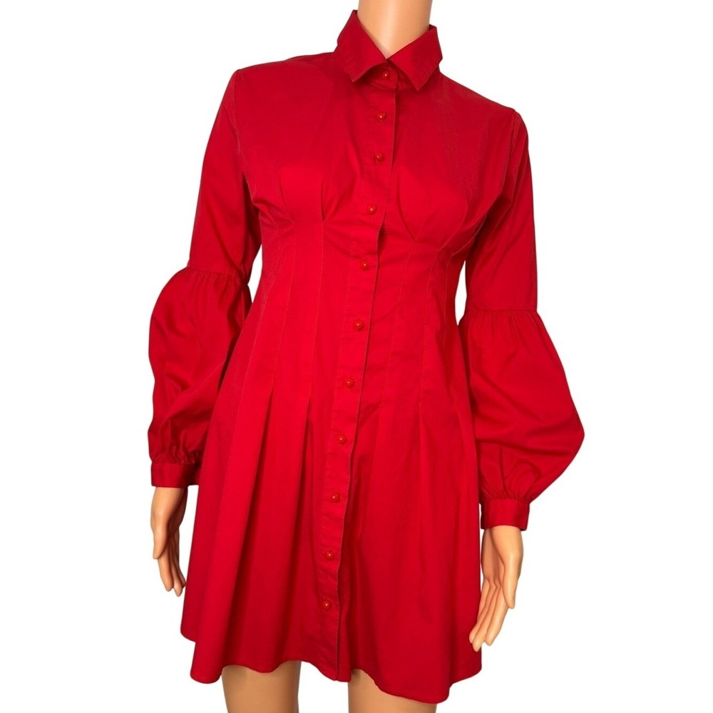 Red Button Down Lantern Sleeve Mini Shirt Dress Pleated Waist Womens Size Small